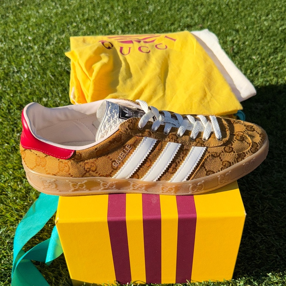 EUC - Adidas x Gucci - Gazelle Original GG Canvas Beige & Brown Sneakers Sz 10.5 - Picture 8 of 11